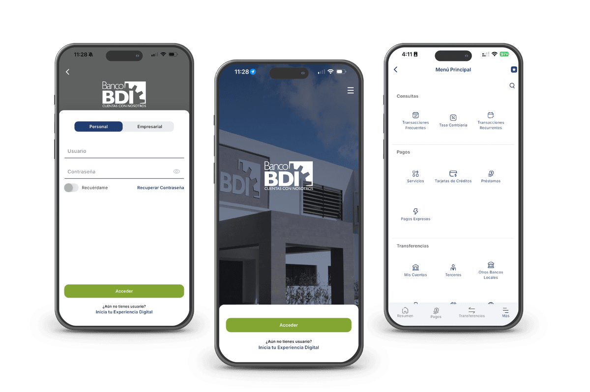 BDI App screens on three phones